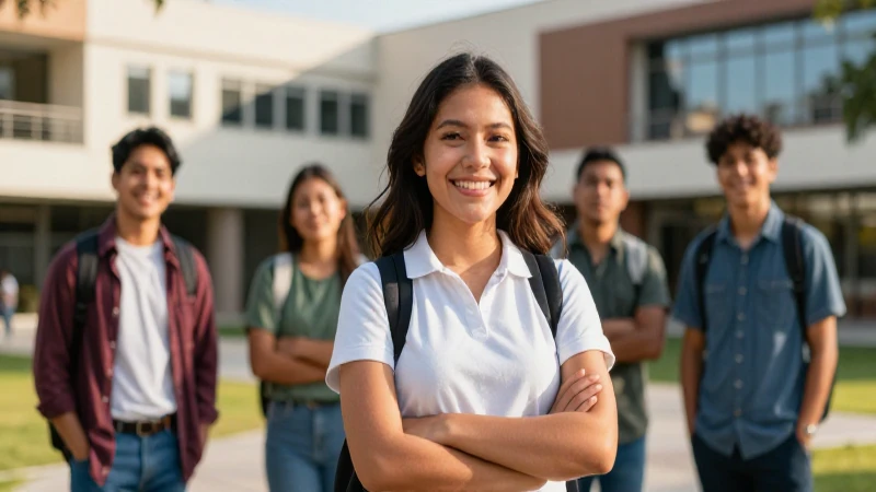 Estudiante mexicano sonríe en campus universitario moderno