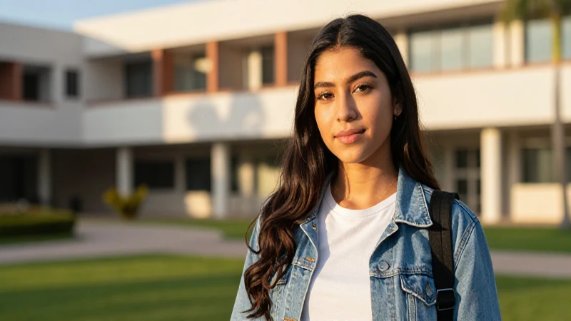 Estudiante mexicano en campus bajo luz dorada