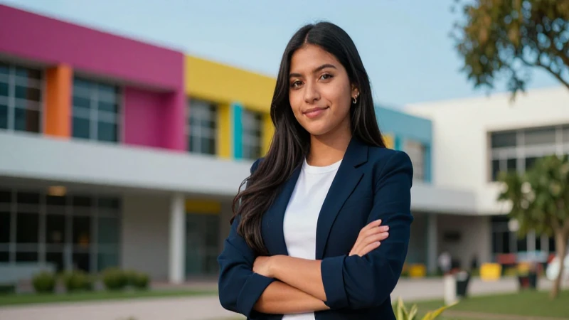 Estudiante mexicana exitosa en campus moderno