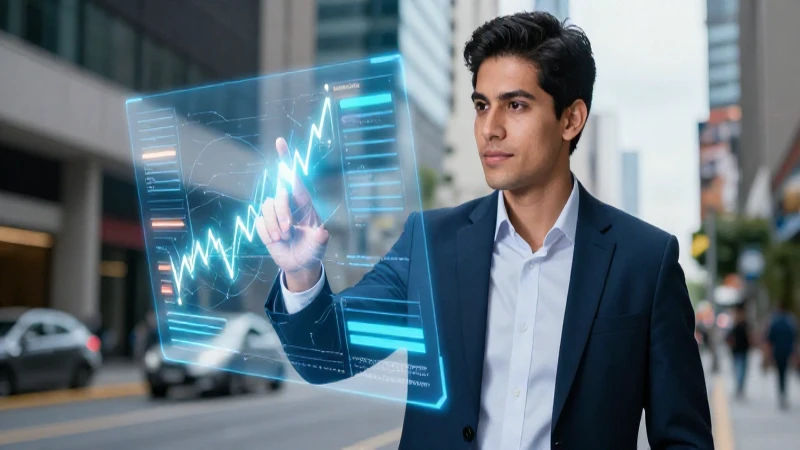 Joven profesional mexicano en interfaz financiera urbana