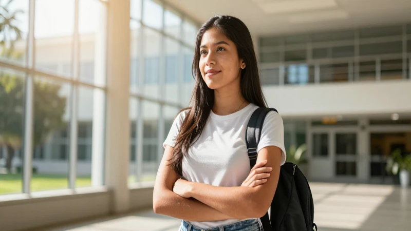 Estudiante mexicana vibrante en moderno campus universitario
