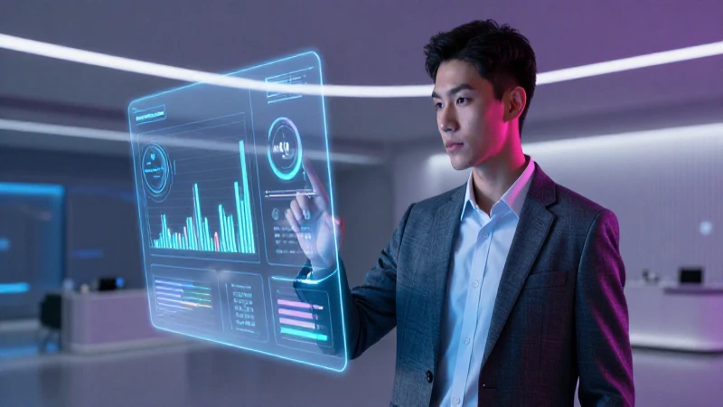 Joven profesional en un centro financiero de alta tecnología
