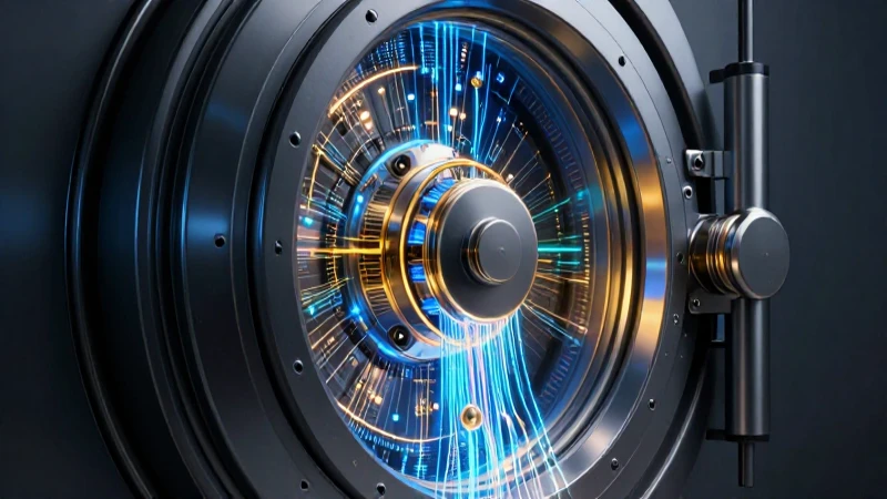 Bóveda digital brillante con datos financieros de alto contraste
