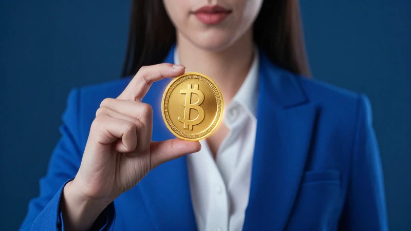Mujer de traje brillante sostiene una moneda dorada