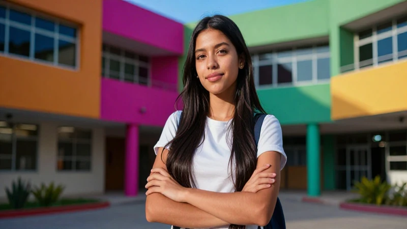 Estudiante mexicano exitoso en campus moderno