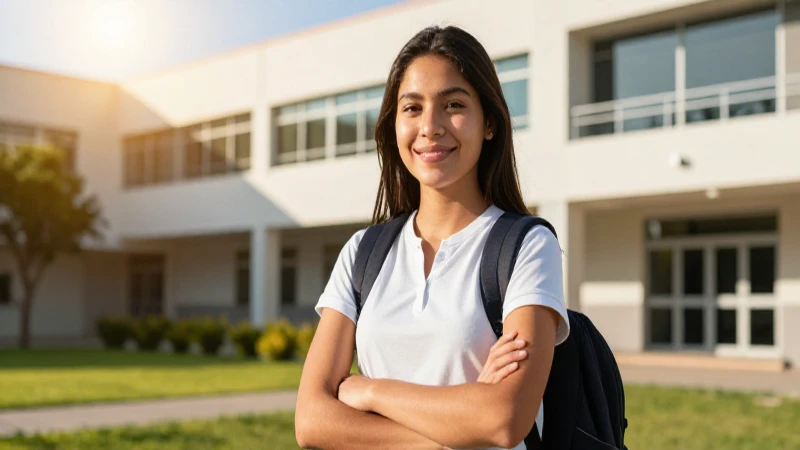 Estudiante mexicano exitoso en campus moderno