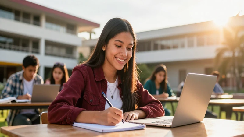 Estudiante mexicano sonríe en campus universitario luminoso