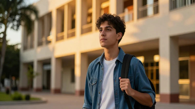 Joven estudiante mexicano en campus vibrante con luz dorada