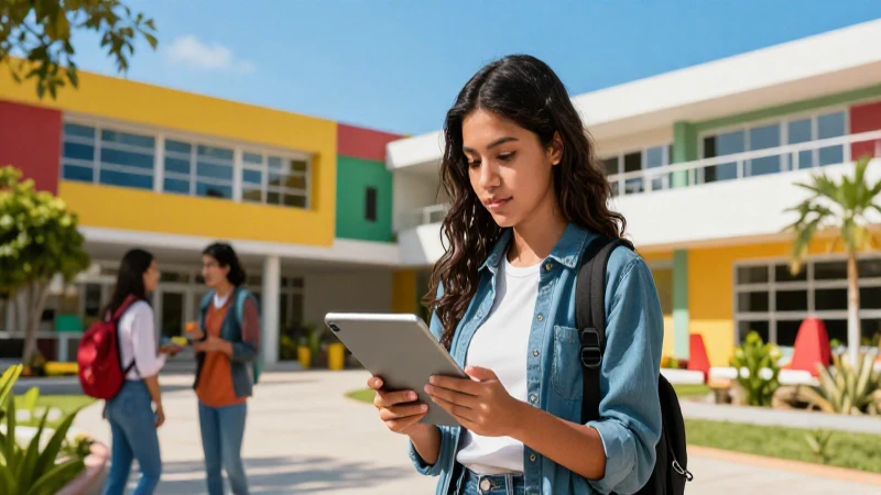 Estudiante mexicano concentrado en campus moderno