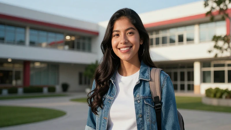 Estudiante mexicano sonriente en campus moderno