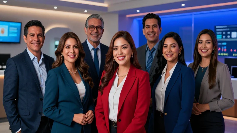 Clientes mexicanos sonríen en centro financiero moderno