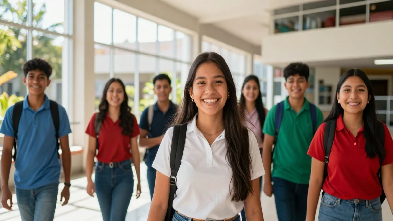 Estudiantes mexicanos felices en campus moderno y vibrante