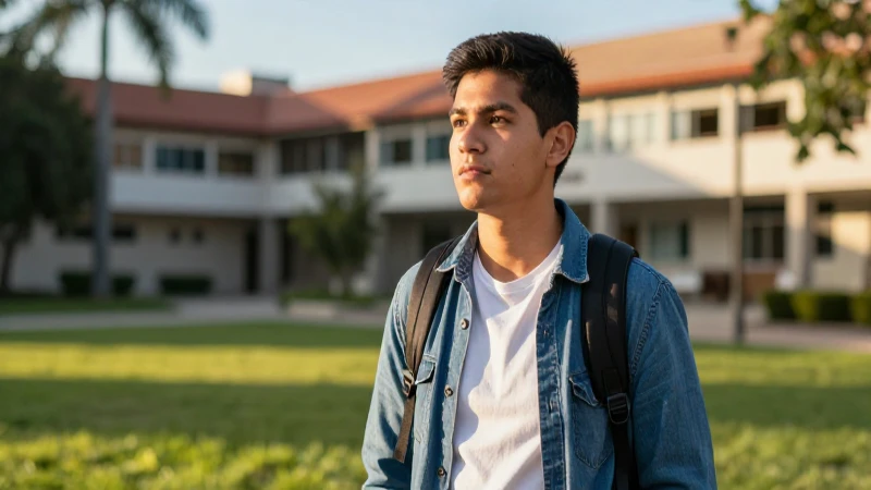 Joven mexicano decidido en campus universitario moderno