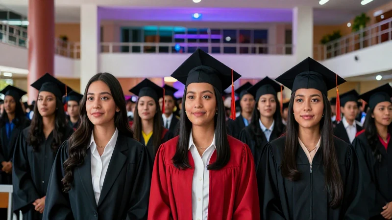 Graduación mexicana vibrante en campus moderno