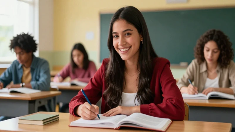 Estudiante mexicana sonriente estudia en aula moderno