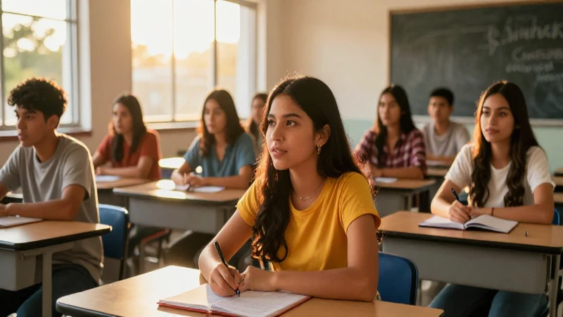Estudiantes mexicanos en clase con luz dorada