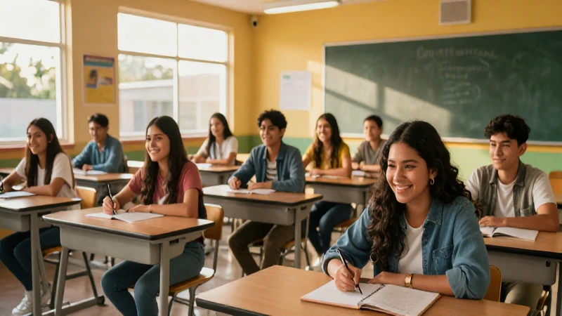 Estudiantes mexicanos felices en aula moderna