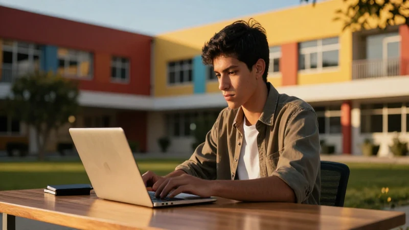 Joven estudiante mexicano en campus moderno
