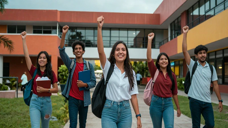 Jóvenes mexicanos celebrando en campus vibrante