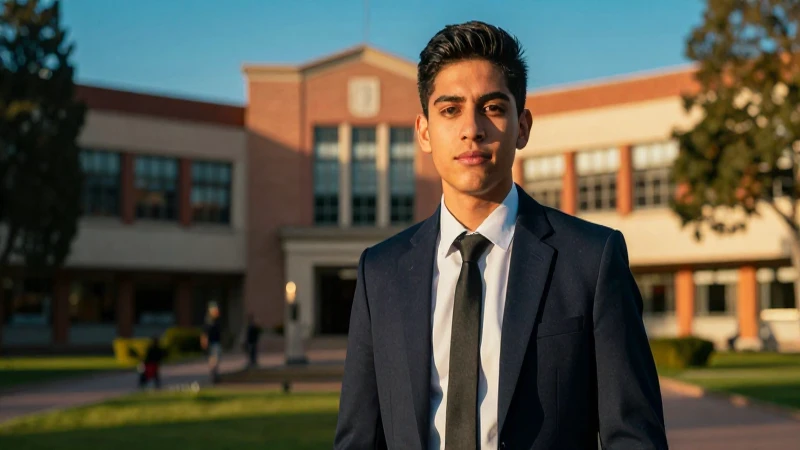 Estudiante mexicano confiado en campus vibrante