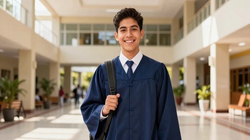 Estudiante sonriente en campus universitario moderno