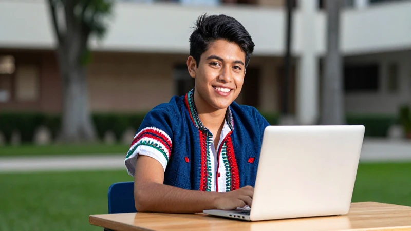 Joven estudiante mexicano concentrado con laptop