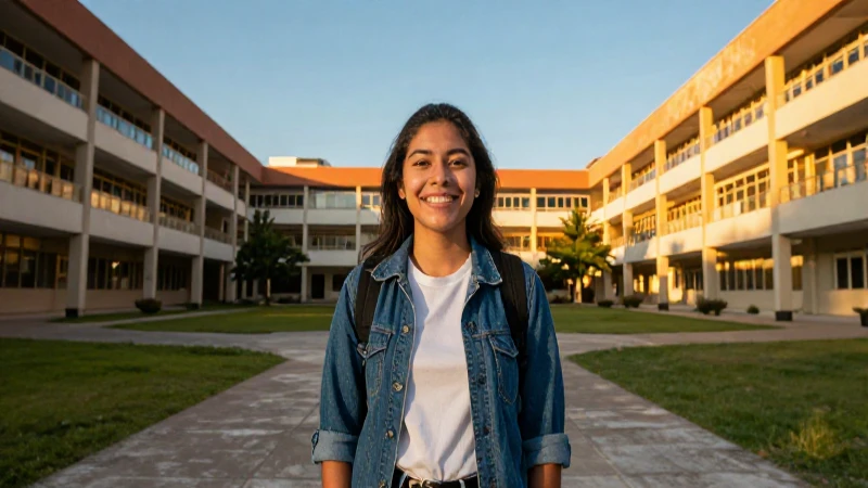 Estudiante mexicano luminoso en campus moderno