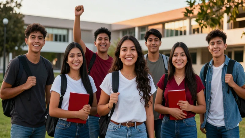 Estudiantes mexicanos celebrando el éxito en un campus