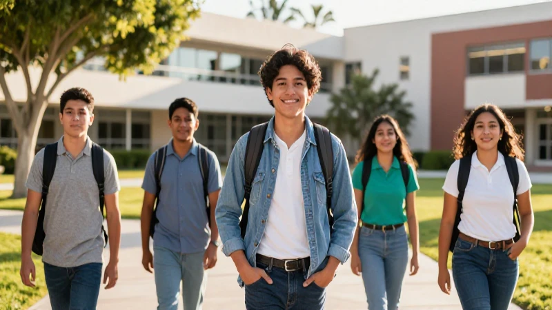 Estudiantes mexicanos en campus moderno al atardecer