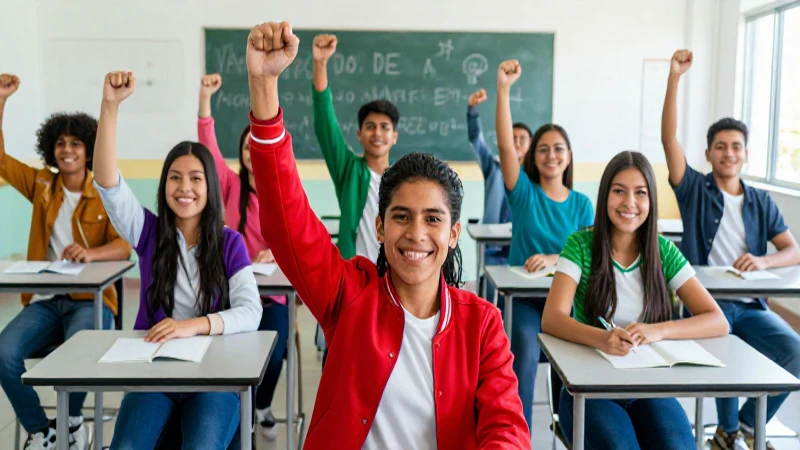 Mexicanos celebrando éxito académico en aula brillante