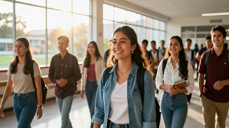 Estudiantes mexicanos sonríen en moderno campus escolar
