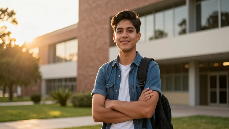 Joven mexicano en campus bajo luz dorada