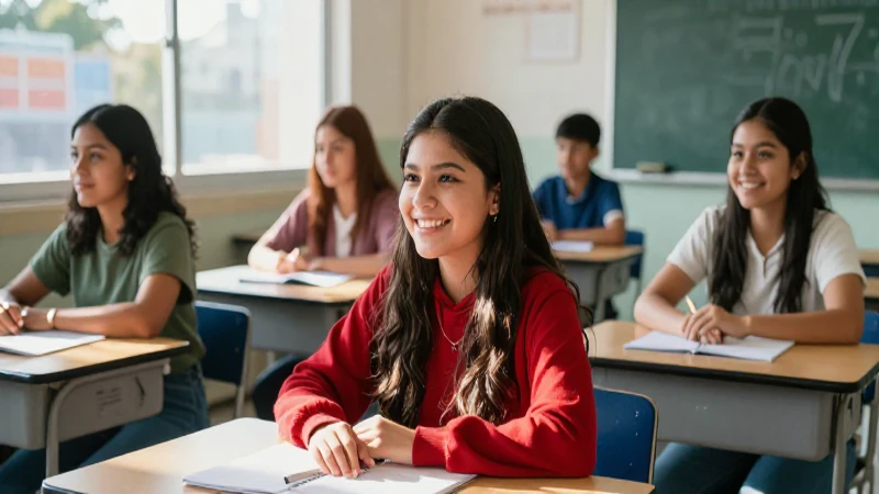 Estudiante sonríe con éxito en moderno aula