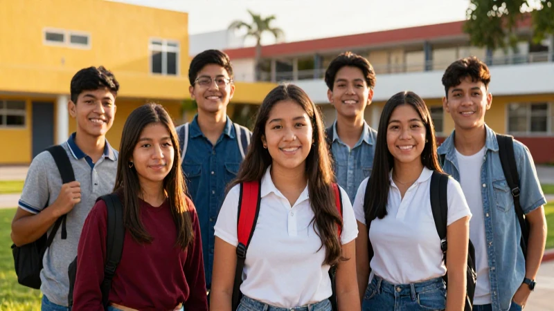 Estudiantes mexicanos sonrientes en campus moderno
