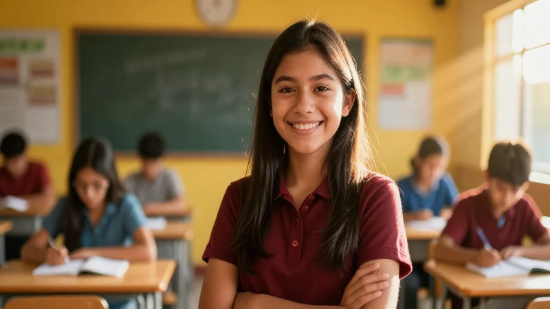 Estudiante sonriente en aula vibrante con luz dorada