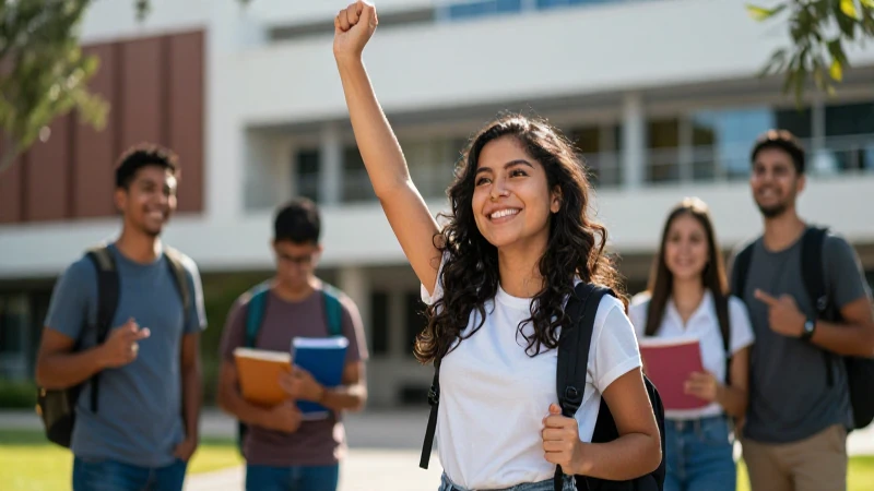 Joven estudiante exitosa en campus universitario vibrante