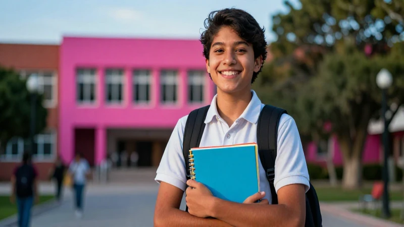Estudiante mexicano sonriente en campus vibrante