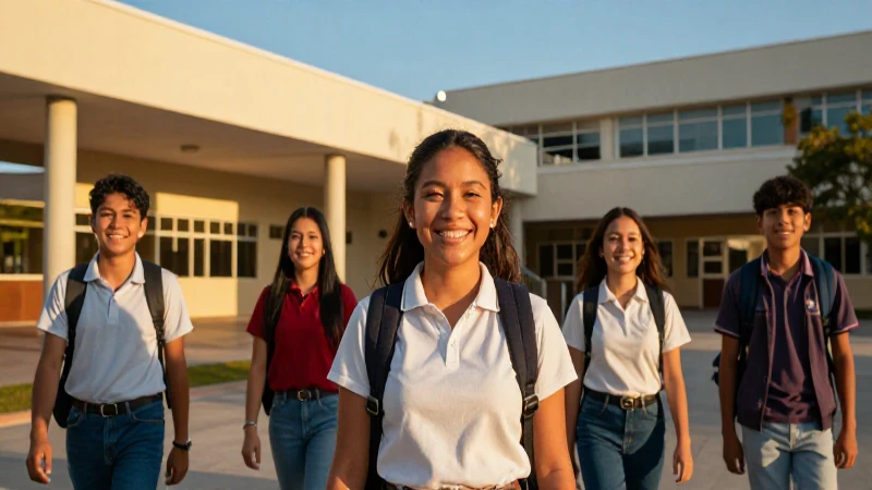 Estudiantes mexicanos en campus bajo luz dorada