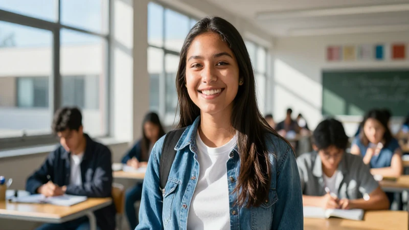 Estudiante mexicano sonriente en un entorno escolar moderno