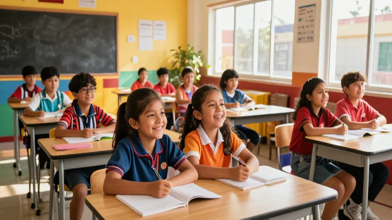 Alumnos mexicanos felices en moderno aula soleada