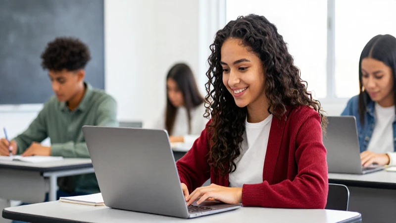 Joven mexicano estudia con laptop sonriendo en clase