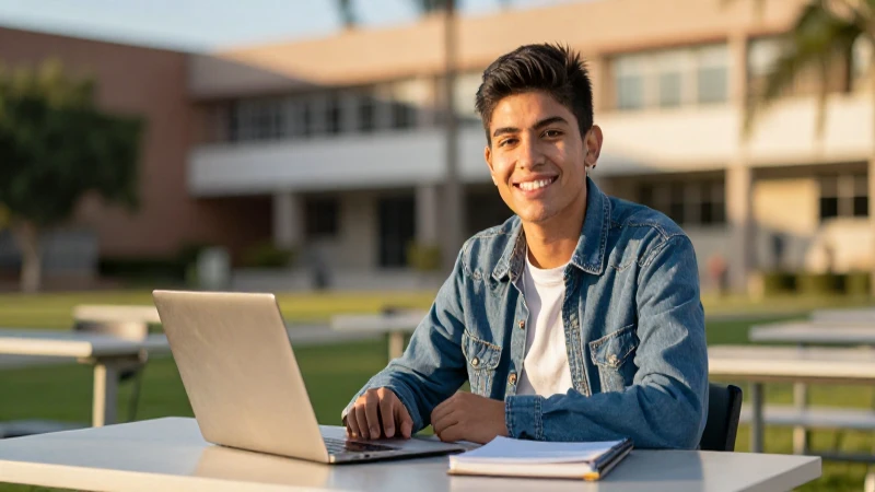 Estudiante sonríe en campus al atardecer