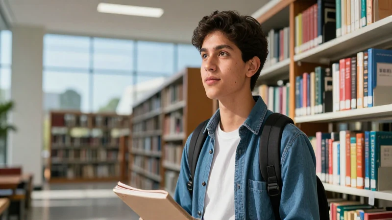 Joven mexicano decidido en biblioteca optimista