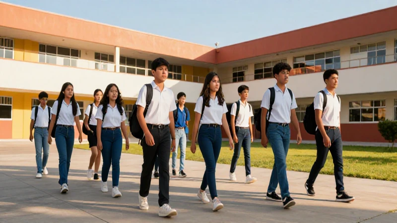 Estudiantes mexicanos caminan en campus moderno al atardecer