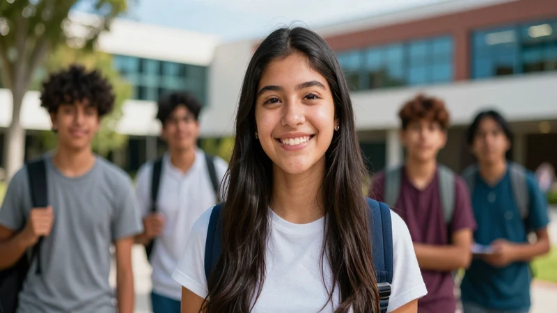 Estudiante sonríe en campus universitario con estilo cinematográfico