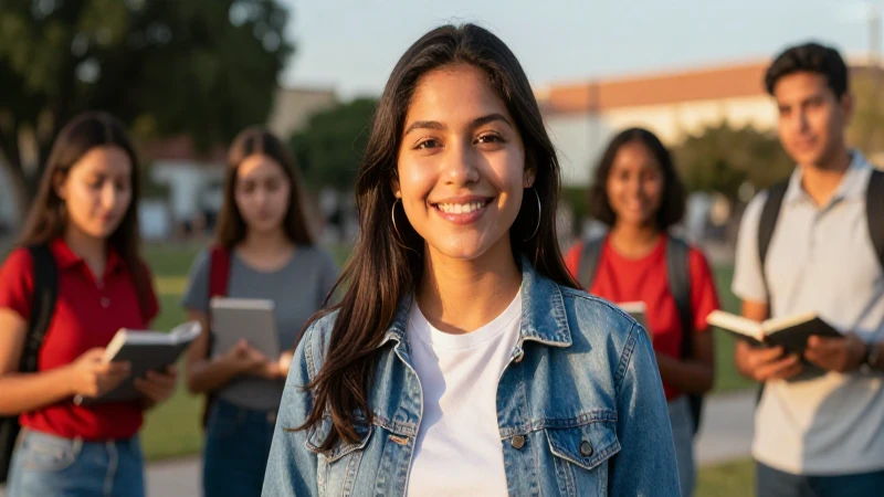 Estudiante mexicano sonriendo en campus dorado y vibrante