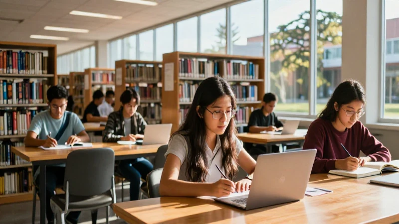 Estudiante mexicano en biblioteca luminosa y moderna