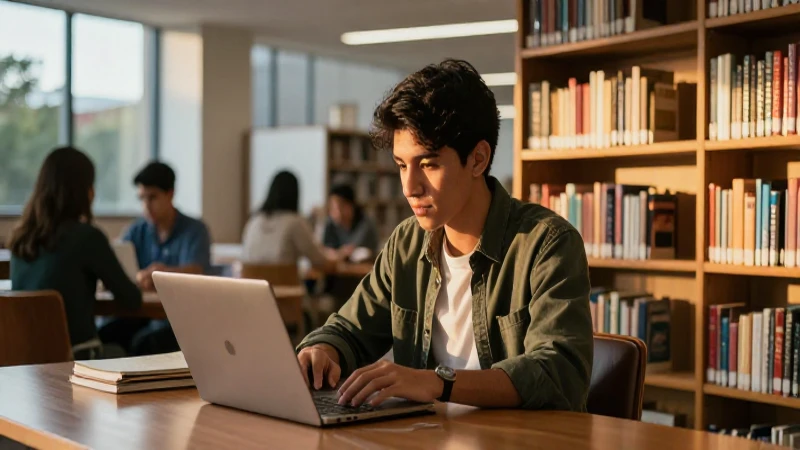 Estudiante mexicano en biblioteca moderna bajo luz dorada
