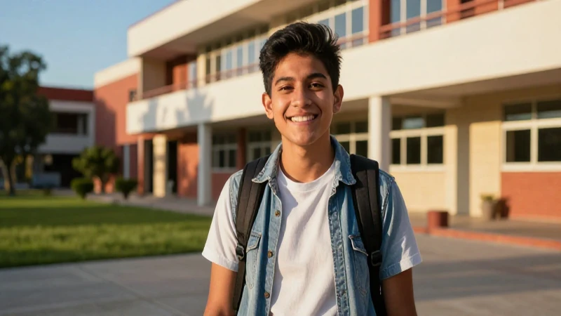 Joven mexicana sonríe en campus con luz dorada
