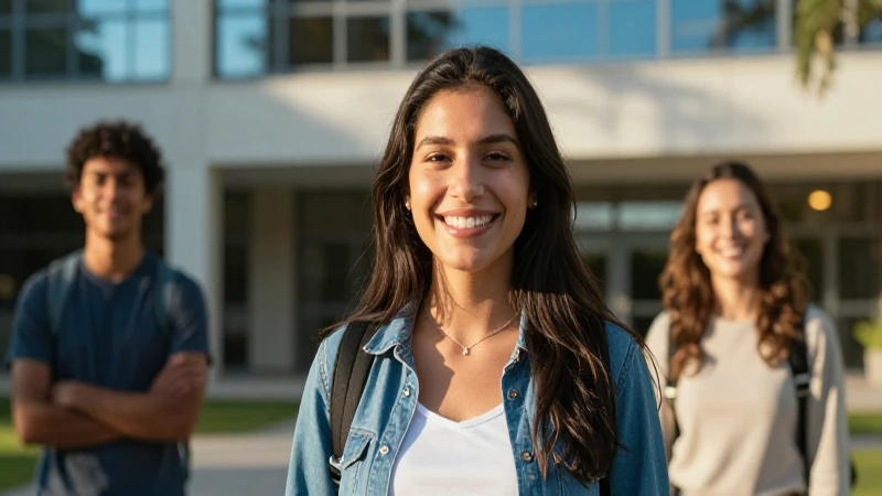 Mujer mexicana sonriente en campus universitario moderno